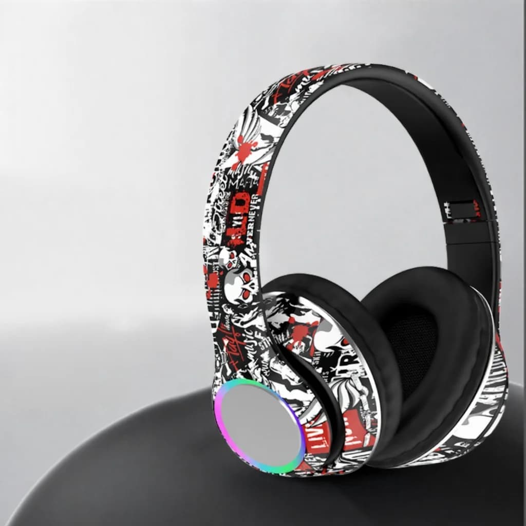 Casque Bluetooth supra-auriculaire graffiti avec lumières LED et basses profondes