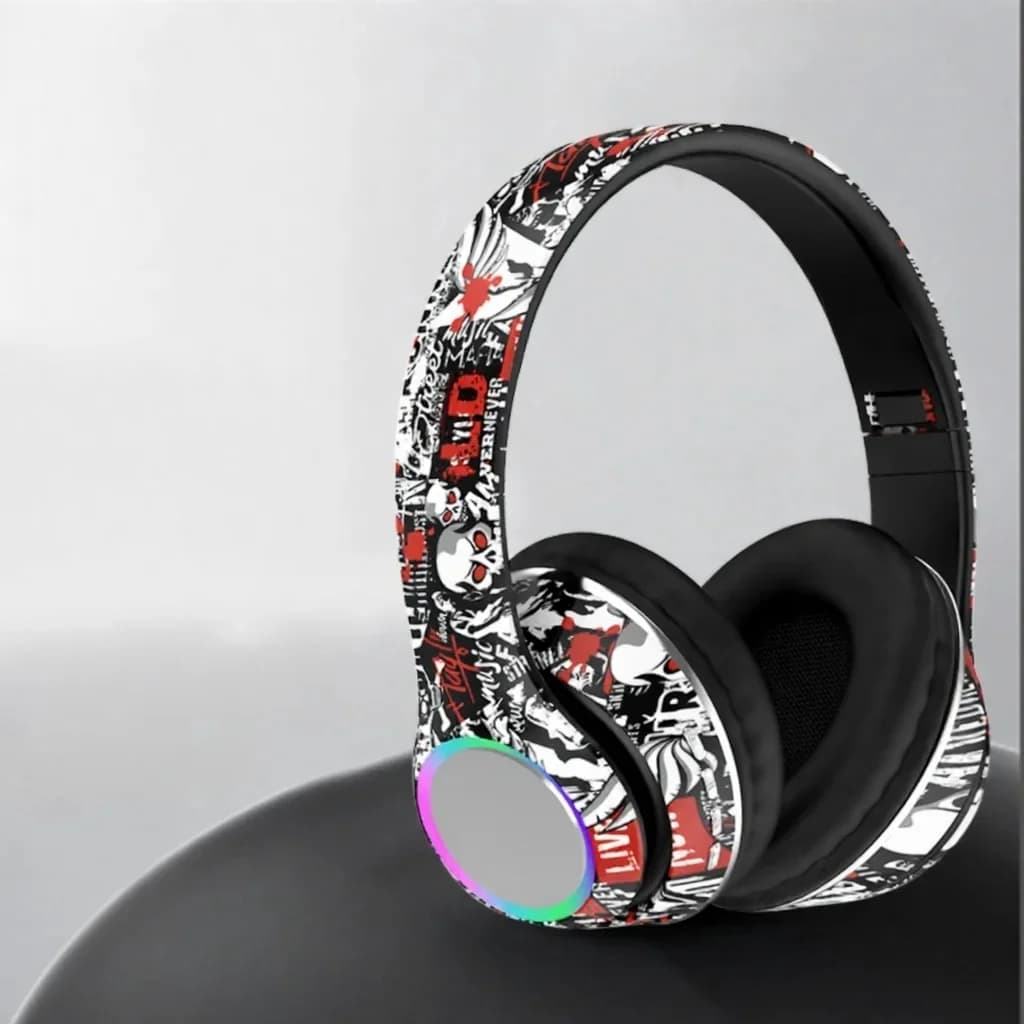 Casque Bluetooth supra-auriculaire graffiti avec lumières LED et basses profondes
