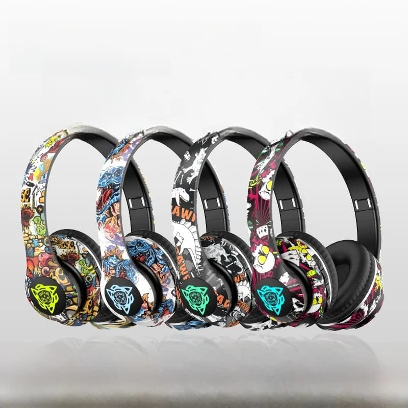Casque sans fil supra-auriculaire graffiti avec radio FM et lecteur carte TF