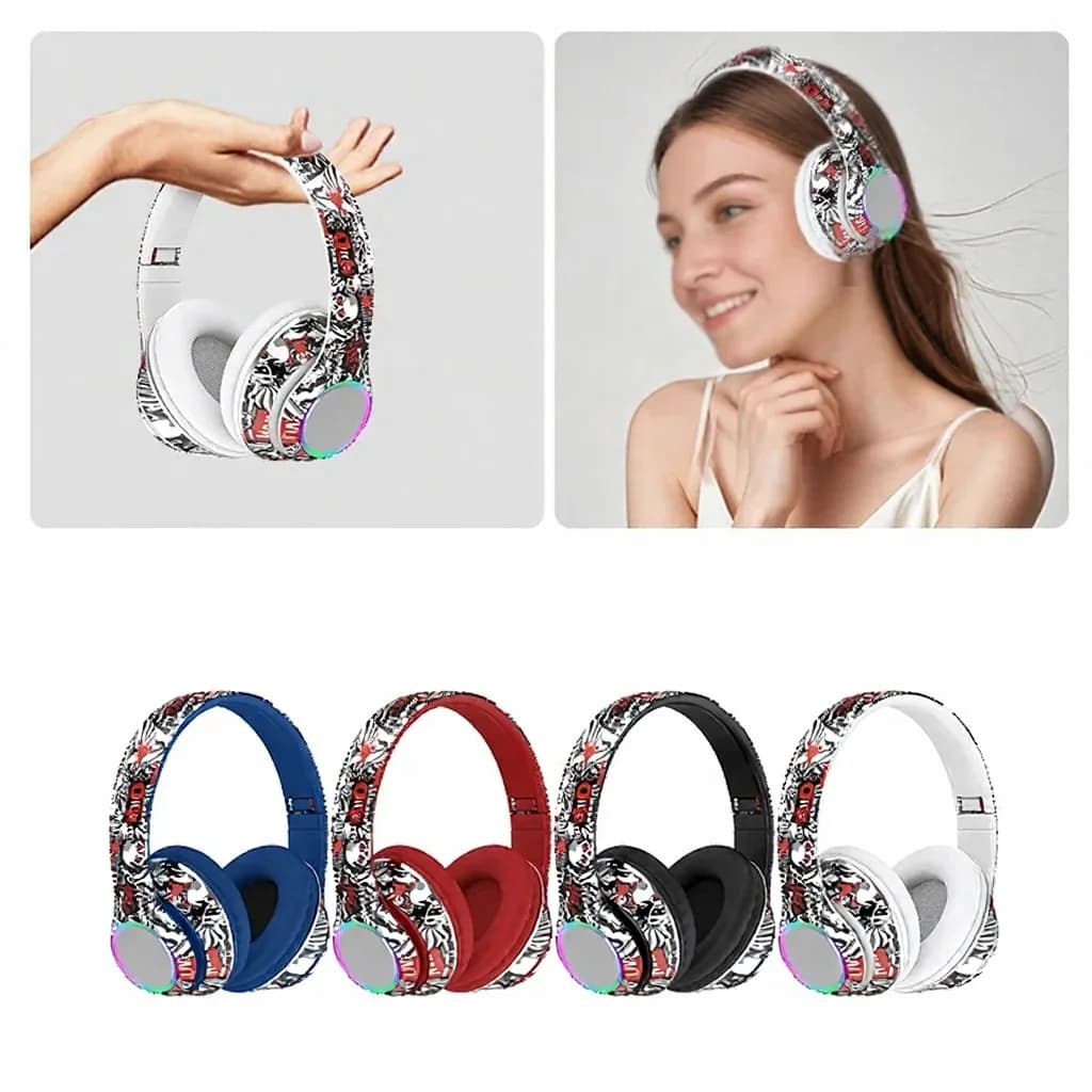 Casque Bluetooth supra-auriculaire graffiti avec lumières LED et basses profondes