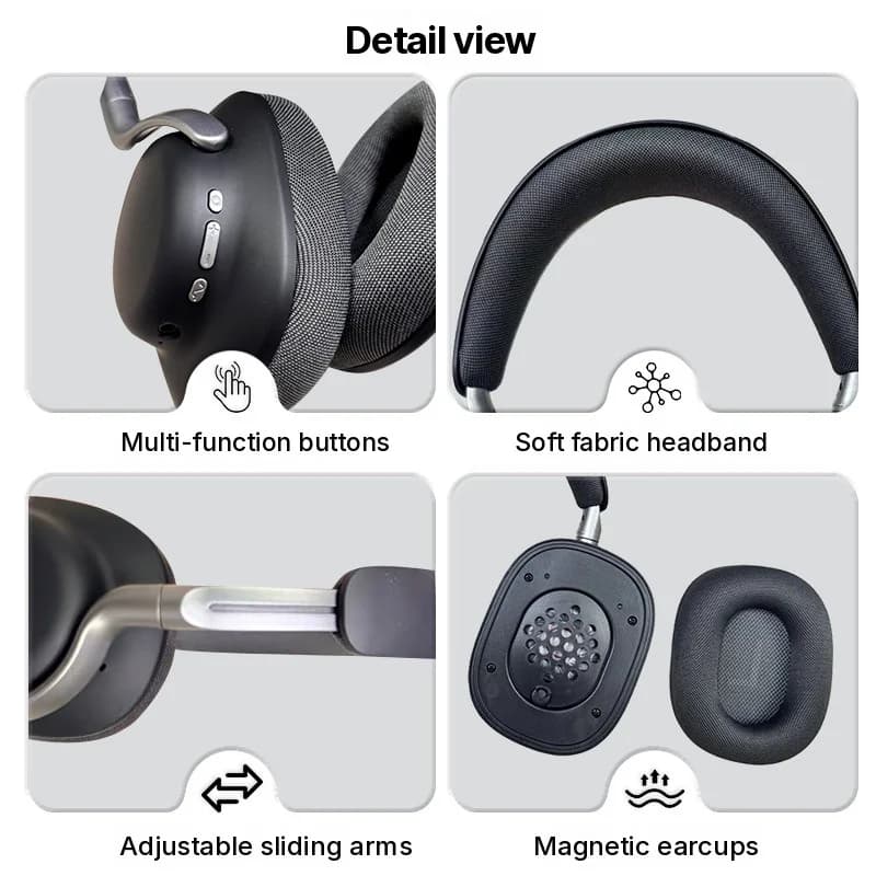 Casque sans fil supra-auriculaire avec réduction de bruit active et oreillettes magnétiques