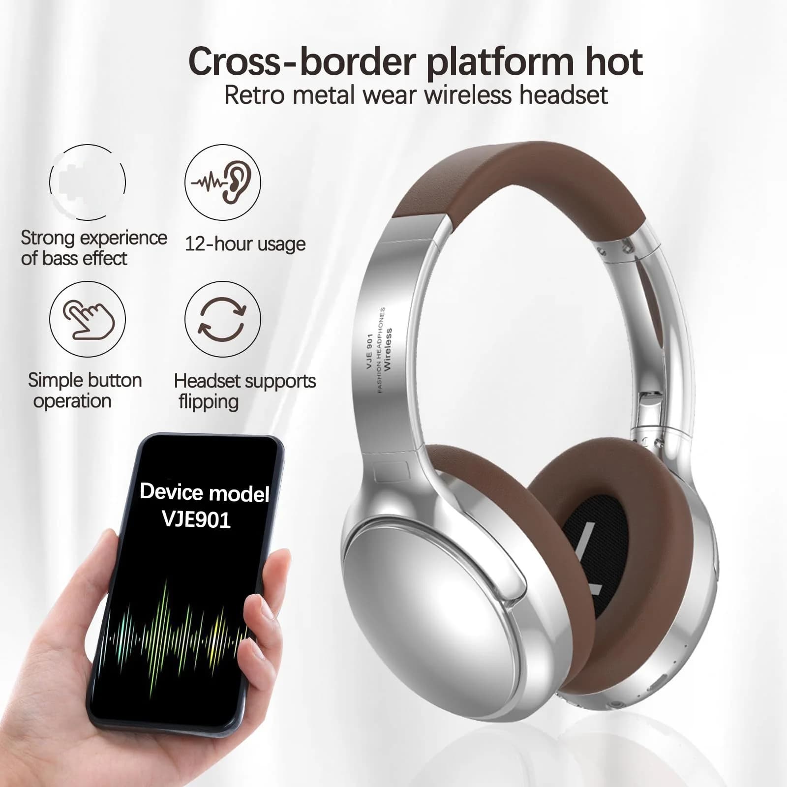 Casque Bluetooth sans fil rétro supra-auriculaire stéréo avec micro