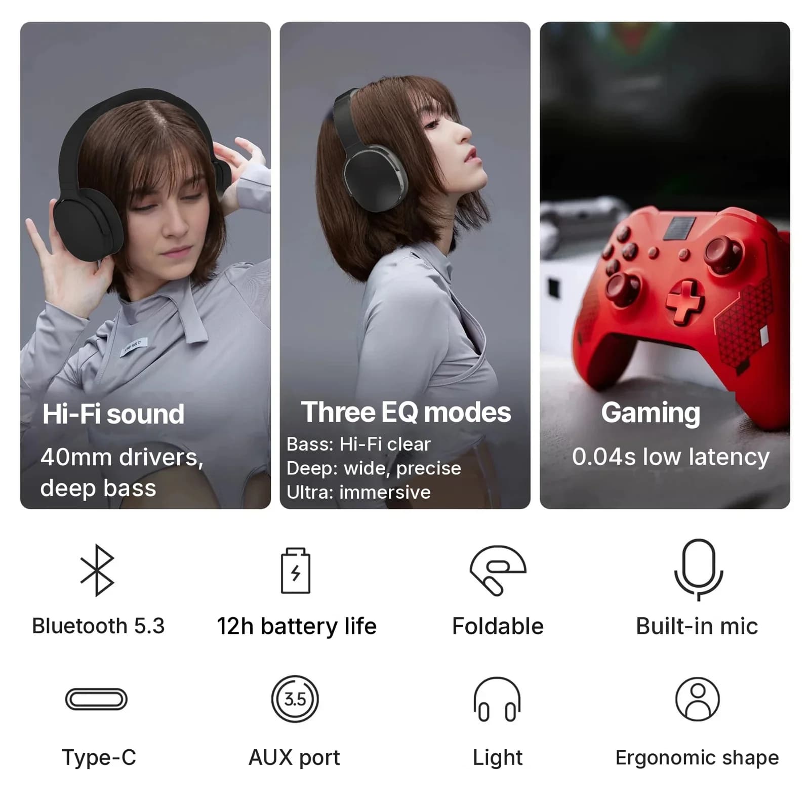 Casque Bluetooth sans fil supra-auriculaire avec trois modes EQ et micro