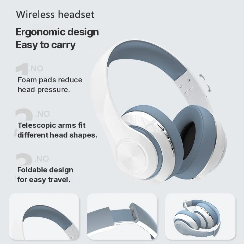 Casque sans fil supra-auriculaire avec radio FM et lecteur de carte TF
