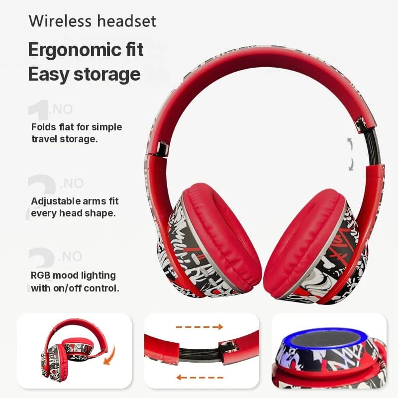 Casque Bluetooth supra-auriculaire graffiti avec lumières LED et basses profondes