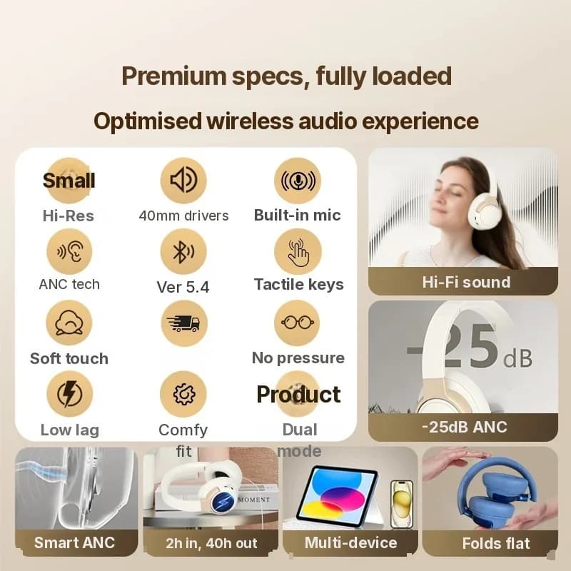 Casque sans fil supra-auriculaire avec réduction active du bruit et autonomie de 35 h