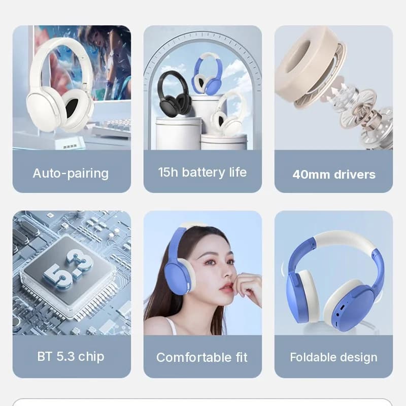 Casque Bluetooth sans fil supra-auriculaire à longue autonomie