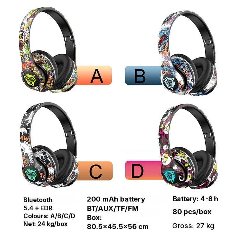 Casque Bluetooth sans fil circum-auriculaire pliable design graffiti