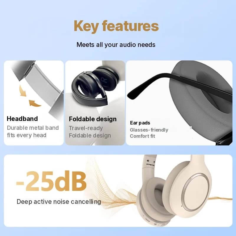 Casque Bluetooth supra-auriculaire avec réduction de bruit active et longue autonomie