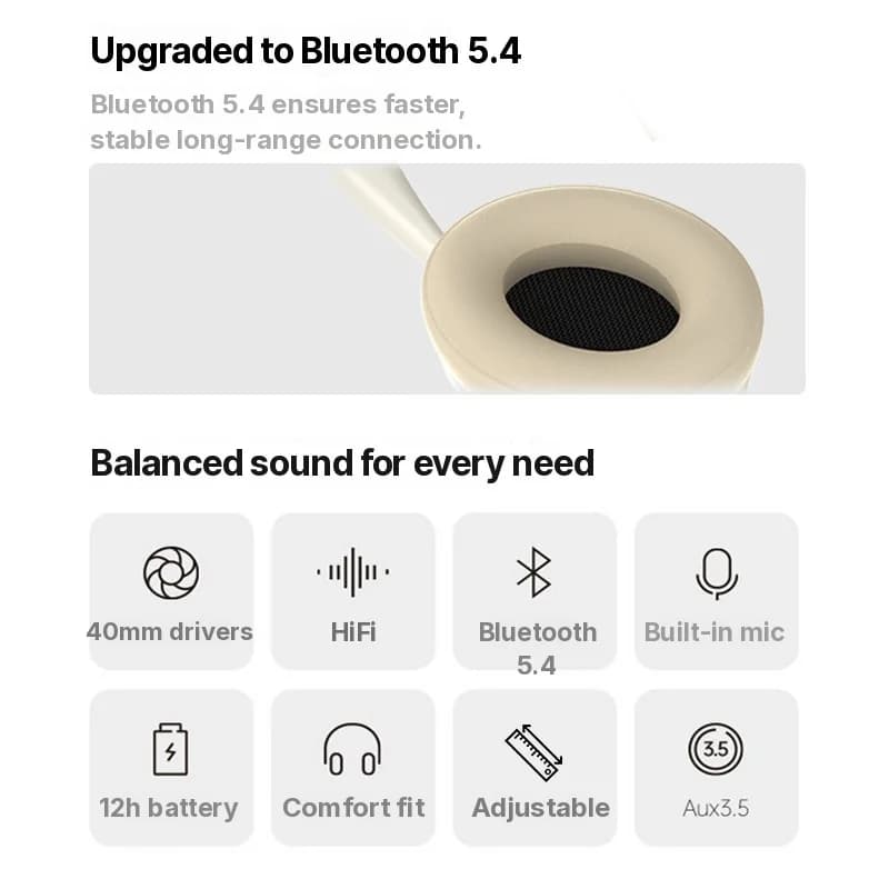 Casque sans fil supra-auriculaire avec emplacement pour carte TF et entrée AUX