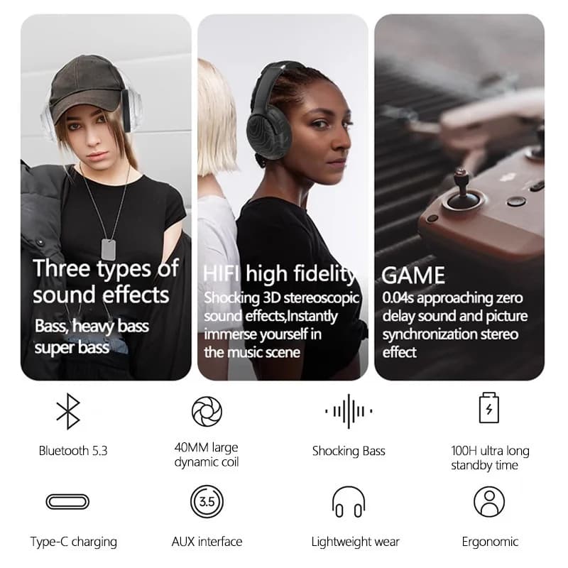 Casque Bluetooth sans fil supra-auriculaire avec radio FM et réduction de bruit