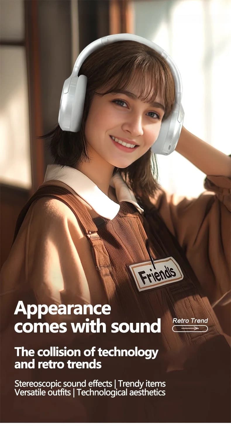 Casque Bluetooth sans fil rétro supra-auriculaire stéréo avec micro